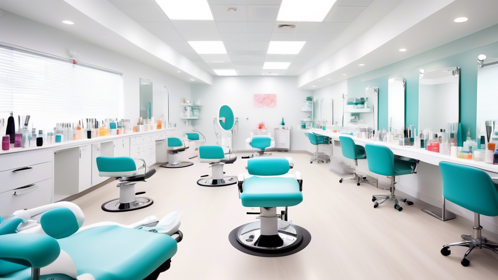 Create a vibrant and inviting image of a modern aesthetician school, showcasing students practicing skincare treatments in a bright, well-equipped classroom. Include elements like professional skincar