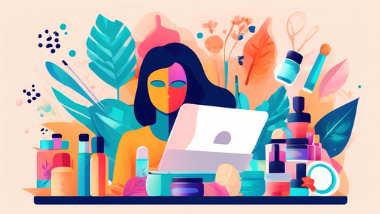 Create an illustration of a person using a laptop to search for esthetician certification programs. Surround the person with icons representing beauty and skincare, like facial masks, creams, and beau