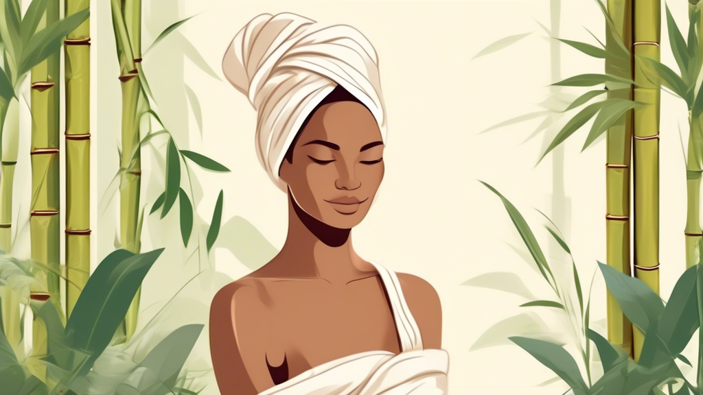 Create a high-resolution image of a serene spa setting with a person wrapping their hair in a luxurious bamboo hair towel wrap. Show the towel in soft, natural bamboo fibers, highlighting its eco-frie