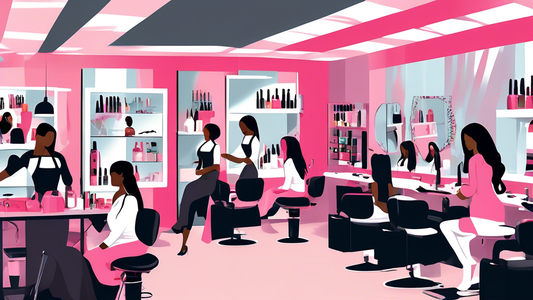 Create an illustration featuring a diverse group of students engaged in various cosmetology activities at a top college's state-of-the-art facility. Include activities such as hairstyling, makeup appl