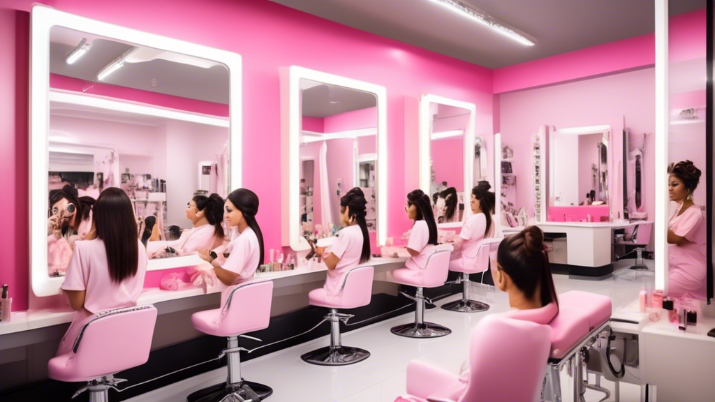 Create an image that portrays a modern classroom setting inside a beauty school, with students eagerly practicing various beautician skills like hairstyling, makeup application, and nail art. The room