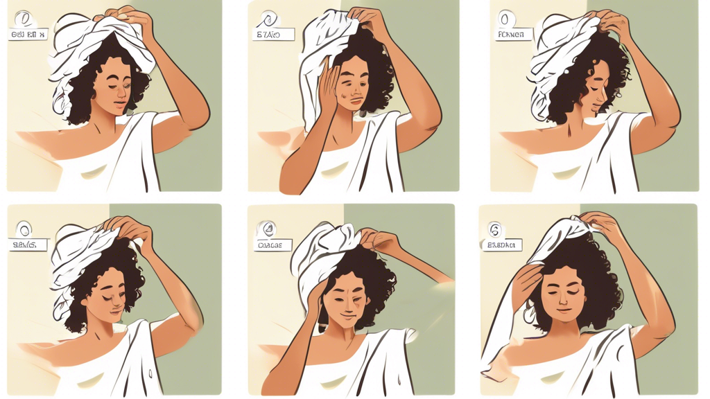 Create an illustration of a person with curly hair going through the process of plopping their hair using a towel. The person should be in front of a bathroom mirror, leaning forward with their hair p