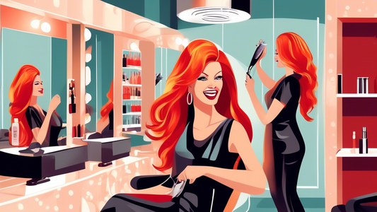 Create an image of a fashionable hair salon scene featuring a woman with vibrant red hair receiving blonde foils. Show a stylist carefully applying the foils, with the woman looking excited and glamor