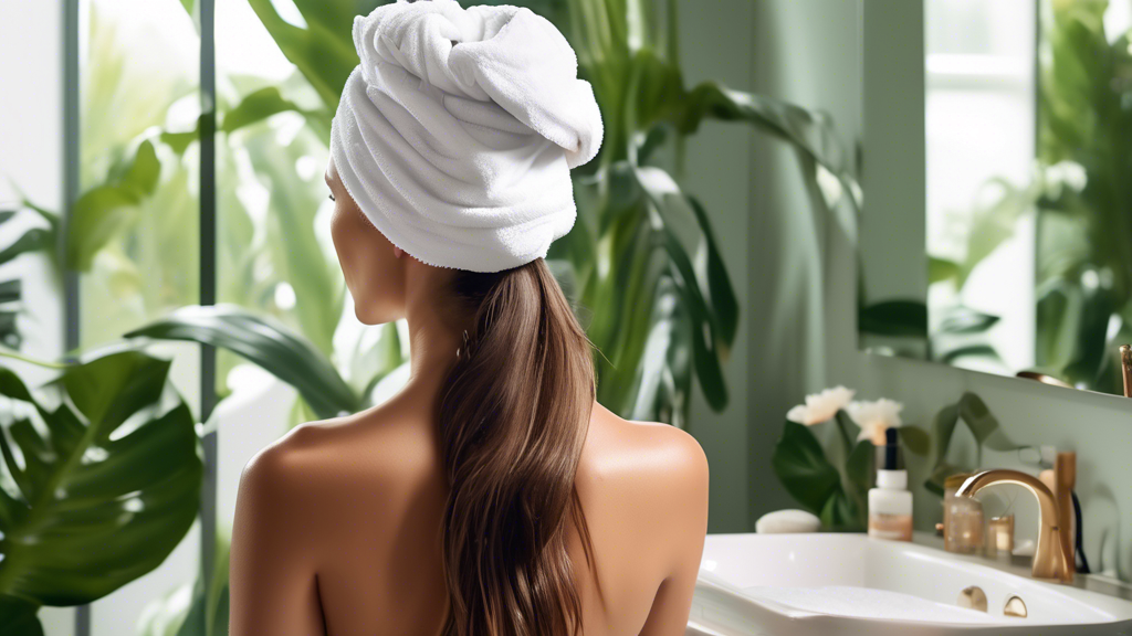 Create an image showcasing a serene morning scene in a luxurious bathroom. A person with long, healthy hair is using a Coco & Eve hair towel, wrapped effortlessly around their head. Highlight the towe