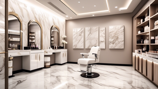 Create an image of a modern, elegant cosmetology clinic with polished marble floors and sleek treatment rooms. The scene features friendly, professional staff in crisp uniforms assisting clients in va