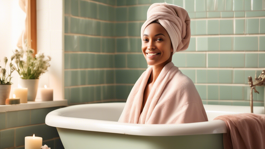 Create an image of a serene bathroom setting. The focus is a woman with a gentle smile, wearing a soft, luxurious Turbie Twist cotton hair towel wrapped around her head. Ensure the towel's texture is 