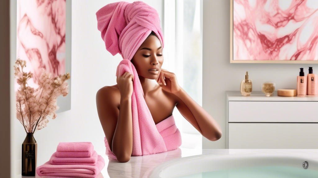 A vibrant, high-resolution image of a luxurious bathroom setting featuring a Kitsch microfiber hair towel prominently displayed. Show a person with wet hair gently wrapping the towel around their head