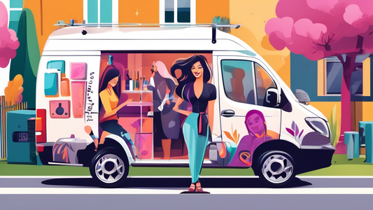 Create an image showing a stylish mobile hairdressing van parked in a suburban neighborhood. The van should be sleek and modern, with a large logo and colorful design. A professional hairdresser is st