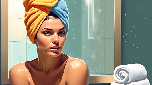 Create an image of a person with wet hair using a stylish towel turban. The setting should be a cozy bathroom with soft lighting, colorful towels neatly stacked in the background, and a mirror reflect