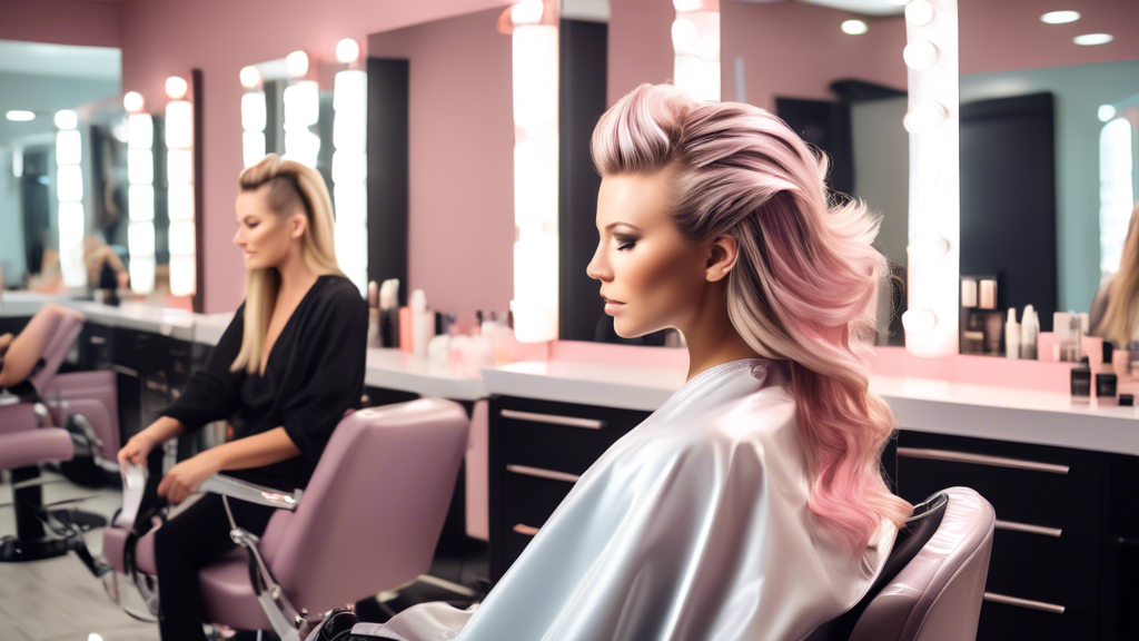 An aesthetically pleasing salon scene showcasing a hairstylist expertly applying hair foils to a client’s hair for perfect highlights. The client is seated comfortably in a modern salon chair with a l