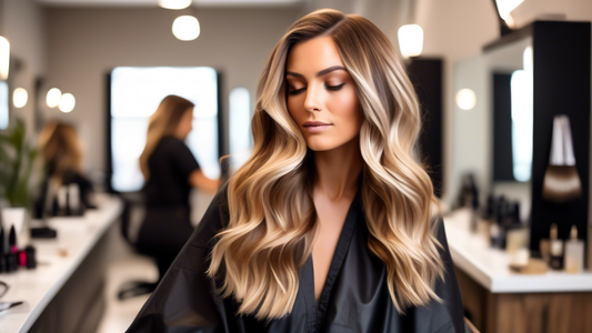 Create an image of a fashionable woman in a modern salon, getting a balayage hair dye treatment. Her hair shows natural, sun-kissed highlights with smooth transitions from darker roots to lighter tips