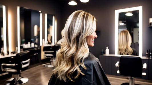 A chic hair salon setting where a stylist is adding blonde foil highlights to a client's dark hair. The client is seated comfortably with a smile, looking excited about the transformation. The ambianc