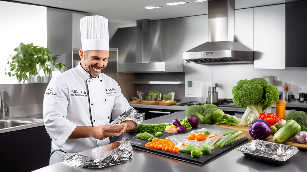 A high-quality Procare Foil being used in a professional kitchen setting, with a chef wrapping fresh, vibrant vegetables. The foil appears durable and immaculate, reflecting the clean, modern kitchen 