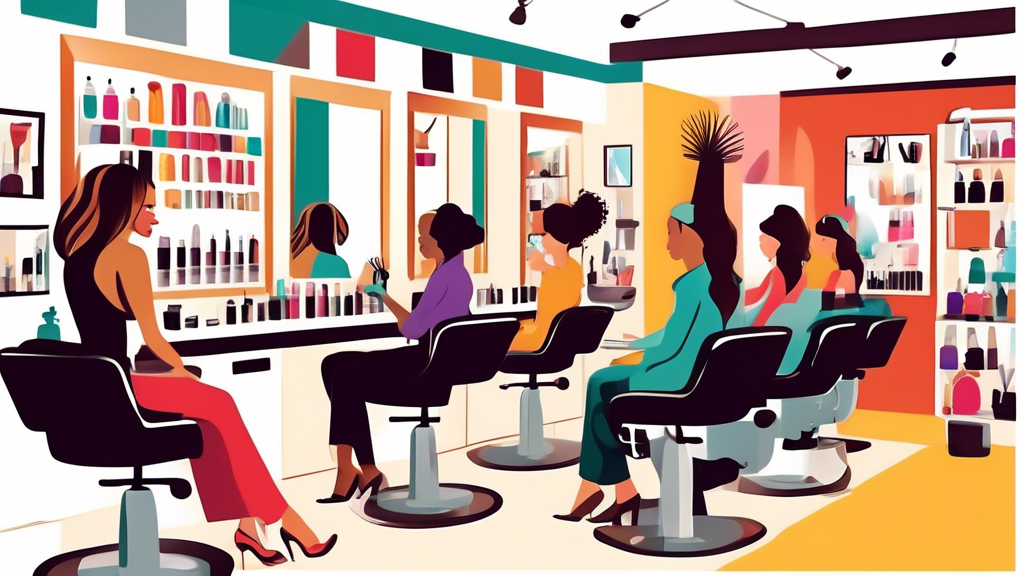 Create an image of a stylish and modern hair salon buzzing with activity. Feature friendly female hairdressers engaging with diverse clients in various stages of the hairdressing process. Include elem