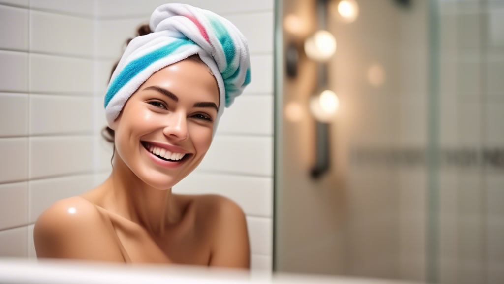 A high-quality photograph showcasing a person with damp hair using a stylish, colorful quick-dry hair wrap. The scene is set in a modern, cozy bathroom with soft lighting and elegant decor. The person