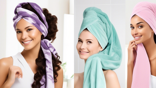 Create an image of a luxurious bathroom setting showcasing a variety of stylish and absorbent hair wrap towels designed specifically for long hair. Include a diverse group of women with long, flowing 