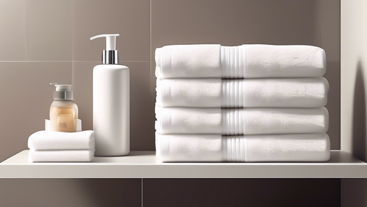 Create an image showcasing a neatly organized, modern bathroom with white bleach-safe hand towels neatly stacked and hanging. The setting should be bright and clean, emphasizing a spotless and hygieni