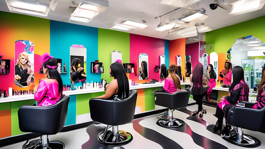 A vibrant classroom scene at a Paul Mitchell cosmetology school showing diverse students engaged in hands-on beauty techniques, including hair styling, makeup application, and nail art, with modern sa