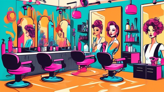 Create a vibrant image of a modern salon training classroom filled with diverse students eagerly practicing hairdressing, styling, and coloring techniques under the guidance of expert instructors. Inc