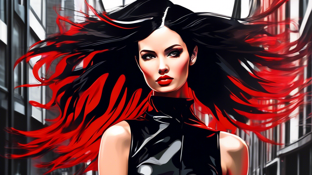 Create a stylish and contemporary image featuring a young woman with sleek black hair accentuated by vibrant red foils. She should be in a trendy, urban setting, perhaps in a chic hair salon or on a b