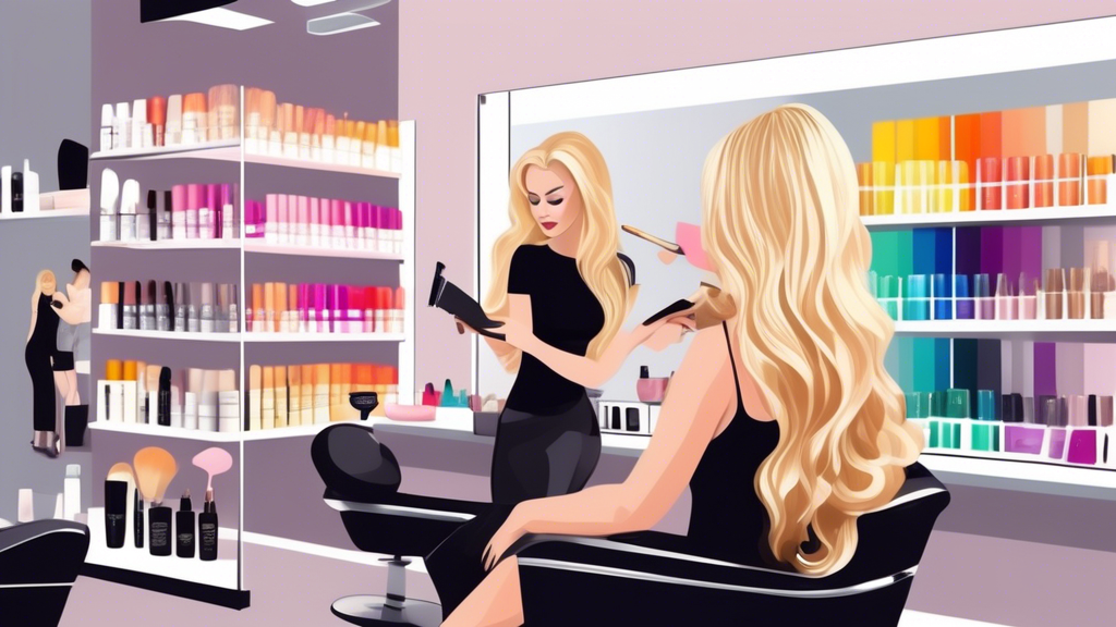 Create a realistic image of a person in a modern salon, consulting with a stylist who is holding a color swatch book featuring various shades of blonde. The person is seated in front of a mirror with 