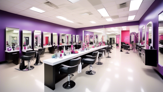 Create an image of a vibrant, modern beauty school campus with students engaged in various cosmetology activities such as hair styling, makeup application, and nail art. Include a welcoming entrance s