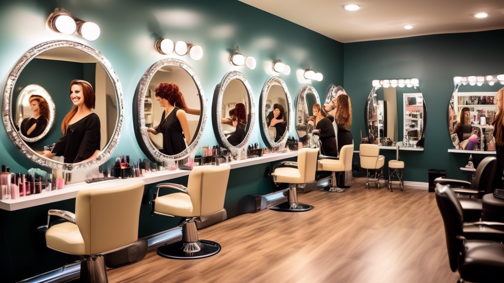 Create a vibrant and welcoming scene of a cozy boutique salon with friendly makeup artists and hair stylists attending to clients. The interior should feature chic decor, mirrors, and a variety of hai