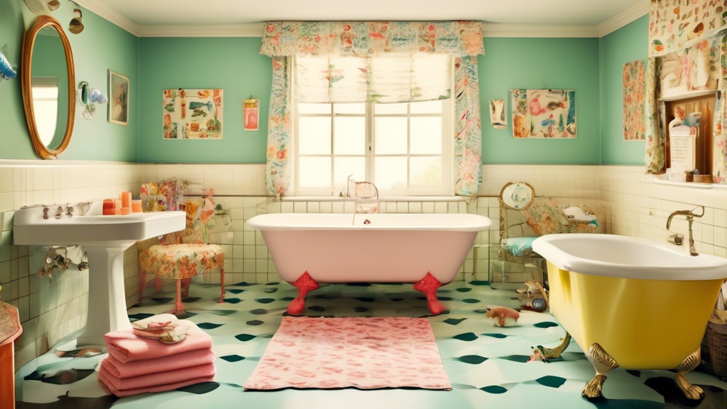 Create an image of a vintage bathroom adorned with colorful, kitsch towels featuring playful, retro patterns such as polka dots, floral prints, and kitschy animal designs. The scene should evoke a sen