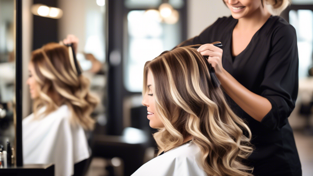 Create an image of a chic, upscale salon with a professional hairstylist applying balayage highlights to a customer's hair. The background should feature stylish decor, large mirrors, and a serene atm