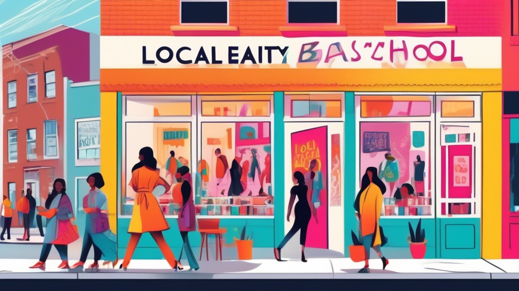 An inviting street scene featuring a chic beauty school surrounded by other small local businesses, with a diverse group of students practicing hairstyling and makeup through large front windows. A co