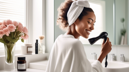 Create an image showing a serene morning bathroom scene where a woman with damp hair is effortlessly using a stylish hair wrap dryer. The woman is smiling, and the hair wrap fits snugly and comfortabl