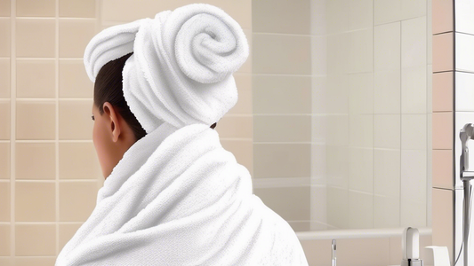 Create an image of a stylishly designed bathroom with a person using a Turbie Twist hair towel. The person should look relaxed and happy, effortlessly wrapping their damp hair in the towel. Highlight 