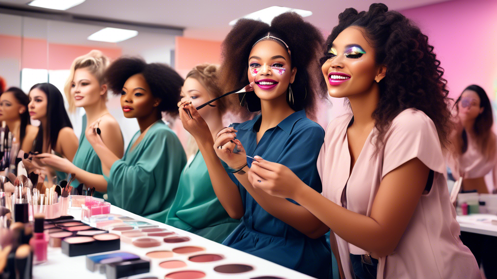 A group of diverse students actively participating in a hands-on cosmetic course, applying makeup and learning different beauty techniques in a vibrant, well-lit classroom filled with mirrors, makeup 