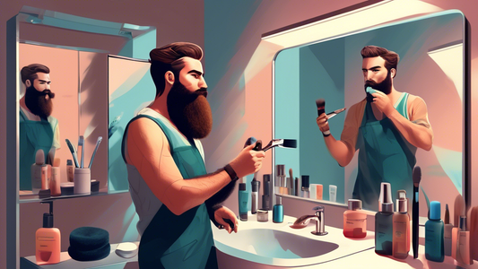 Create an image of a man standing in front of a mirror in a modern bathroom. He is applying beard dye with a brush to his beard, with focused expression. The counter is equipped with dyeing accessorie