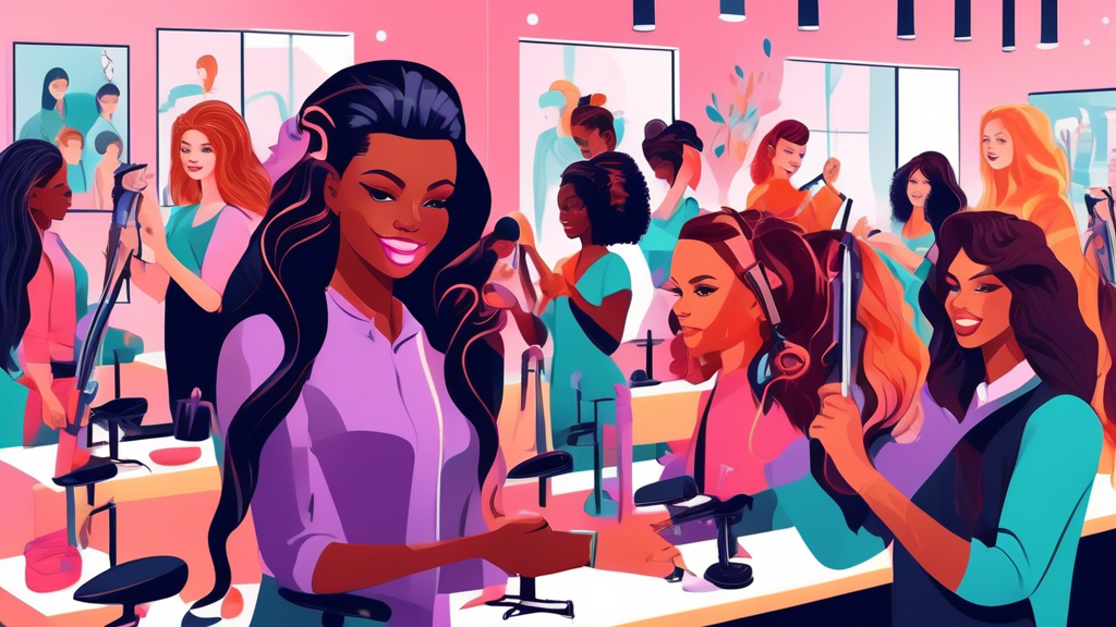 Create a vibrant and detailed illustration of a modern classroom filled with enthusiastic students practicing various hair styling techniques. Include a professional instructor demonstrating on a mann