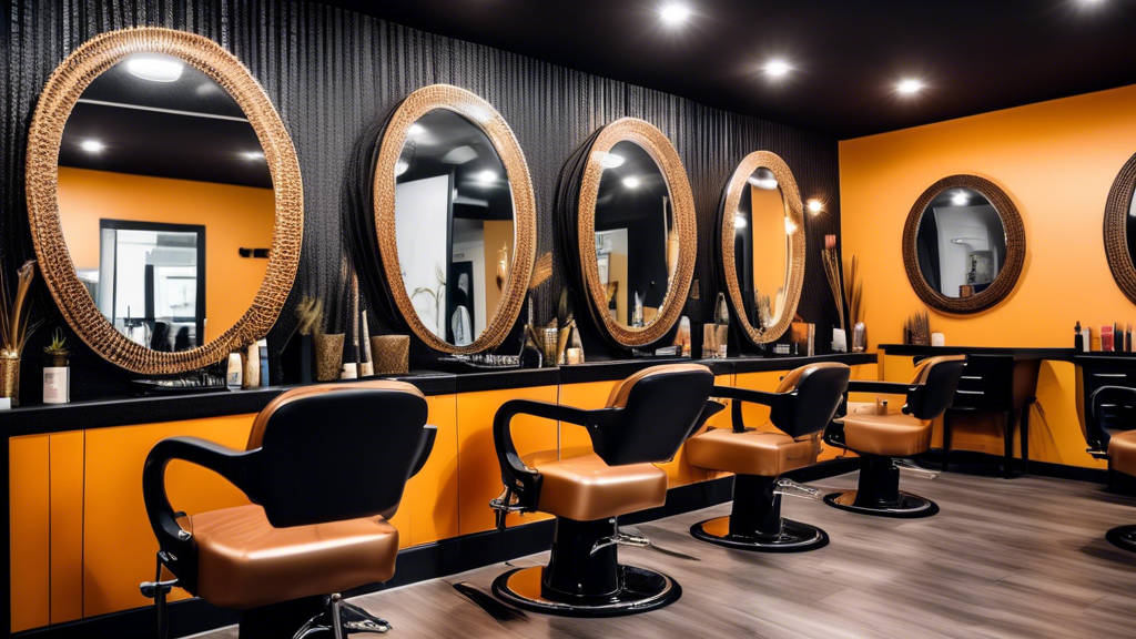 A vibrant image showcasing a stylish, modern hair salon with a welcoming atmosphere. The salon's interior features sleek, comfortable chairs, large mirrors, and a diverse team of professional hairstyl