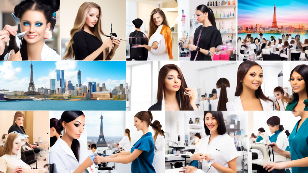 A vibrant collage showcasing the top-ranked cosmetology schools globally, featuring diverse students engaged in various beauty treatments such as hairstyling, makeup application, and manicures. The ba