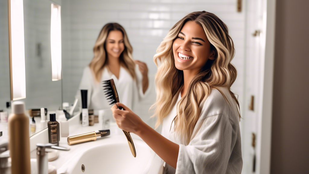 Create an image of a woman standing in her bathroom, confidently applying balayage highlights to her hair using a brush and foil. The bathroom is modern and well-lit, and the woman is using easy-to-fo