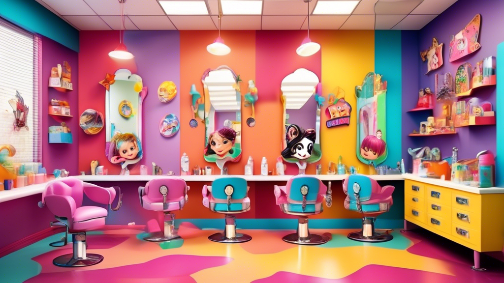 Create an image of a cheerful children's hair salon with bright, colorful decor. The scene should feature a friendly hairdresser cutting a child's hair, who is sitting happily in a fun, themed salon c