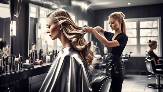 A detailed illustration of a professional hairdresser in a stylish salon using hairdressing foil to apply highlights to a client's hair. The scene captures the tools and techniques, including foils, c