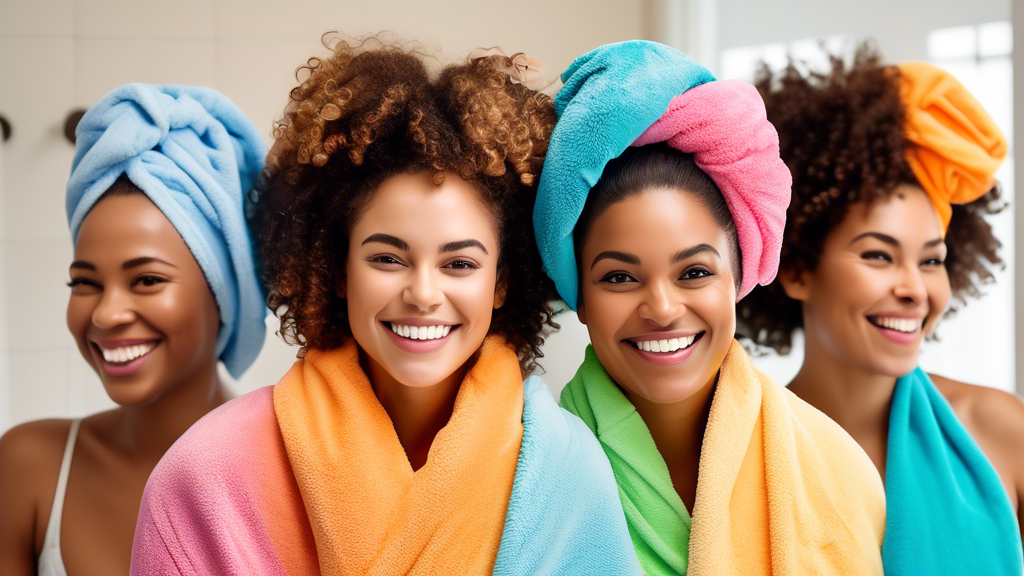 An image of diverse women with beautiful curly hair types, smiling and showing off colorful, high-quality microfiber hair towels wrapped around their heads. The setting is a bright, cozy bathroom with