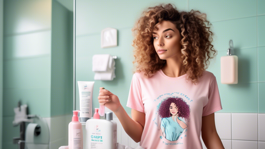 Create an image depicting a woman with vibrant curly hair using a t-shirt to gently dry her curls. Show her in a modern, bright bathroom, with various curly hair care products visible in the backgroun