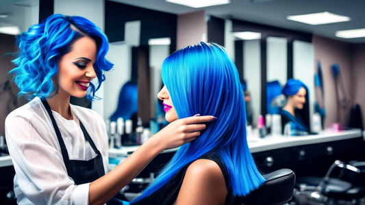 Create a vibrant and trendy hair salon scene with a stylist applying bright blue foils to a client's hair. The client is seated comfortably and has a look of excitement on their face, surrounded by mo