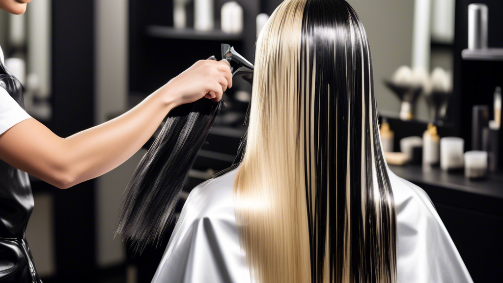 Create a high-resolution image of a professional hair stylist meticulously applying blonde foils to a model with long, glossy black hair in a modern, well-lit salon. The stylist's tools and the foilin