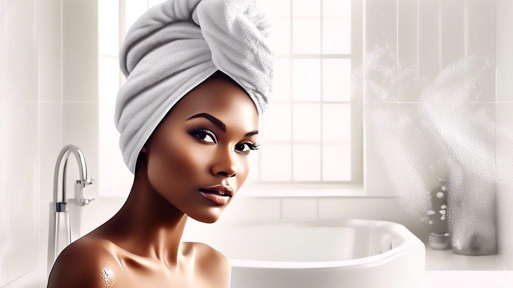 Create an image of a woman with wet hair wrapped stylishly in a Turbie Twist microfiber hair towel. The background should be a modern, chic bathroom setting with sleek design elements. Include element