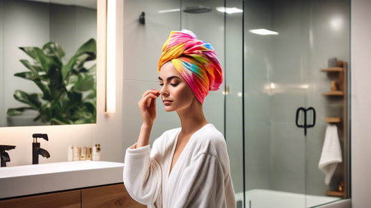 Create an image of a person standing in a modern, bright bathroom, using a stylish, colorful shower turban to wrap their hair. The turban should look comfortable and fashionable. Highlight the person’