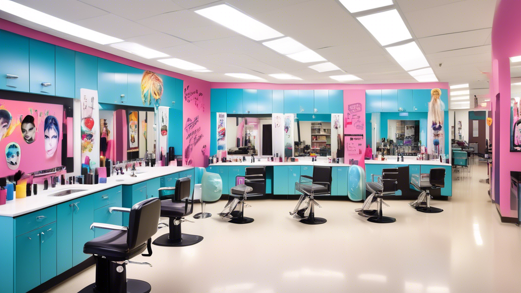 Create an image of a vibrant high school building with banners highlighting its cosmetology program. Show students engaging in various cosmetology activities, such as hairstyling, makeup application, 