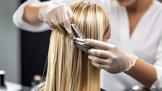 A detailed close-up of a hairstylist expertly applying foil highlights to a client's blond hair in a modern, stylish salon. The image captures the precision and artistry of the process, showcasing var