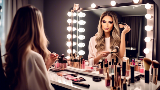 Create an image of a chic, modern vanity table adorned with high-quality hair and makeup products, including brushes, lipsticks, eyeshadows, and hair styling tools. A stylish young woman with impeccab