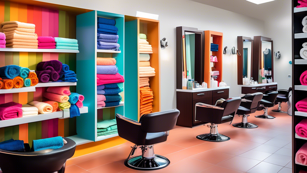 Create an image of a stylish, modern hair salon with a selection of colorful bleach-safe towels neatly arranged on shelves. The towels should be labeled with tags indicating they are bleach-safe. Incl